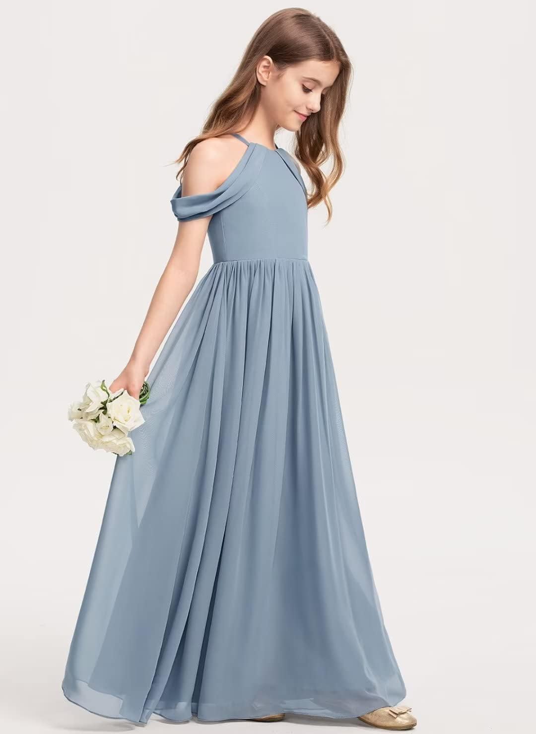 Off-Shoulder Junior Bridesmaid Dresses Long Chiffon Flower Girl Dress for Teen Girls Party Pageant Gowns Halter