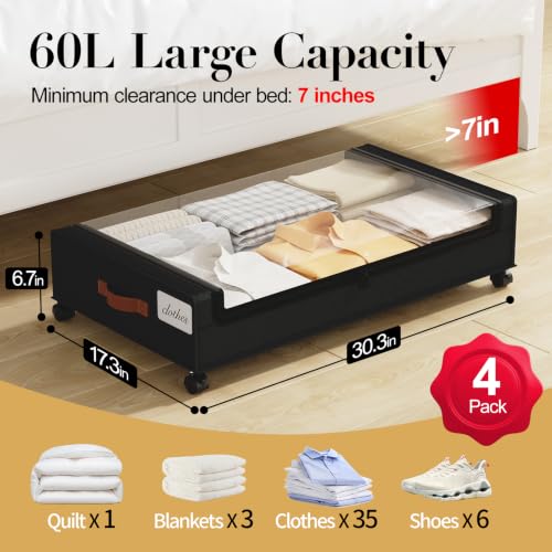 Yecaye-60L-Under-Bed-Storage-with-Wheels-4-Pack-Black-360-Rolling-Wheels-Clear-Lids-Label-Reinforced-Handle-Rolling-Metal-Drawers-for-Clothes-Blankets-Shoes-in-Bedroom