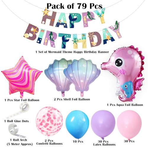 Image of Rozi Decoration Mermaid Theme Birthday Decoration Set - 79 Pcs Under the Sea Balloon Kit with Banner, Seahorse, Shell & Star Foil Balloons, Latex & Confetti Balloons for Girls Birthday Supplies