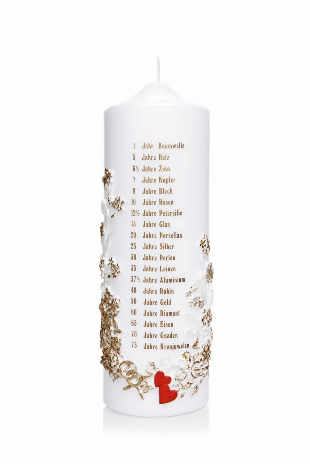 INNA-GLAS Hochzeitskerze BRONSON, weiß-gold, 24cm, Ø7,8cm - Made in Germany | verziert - Stumpenkerze