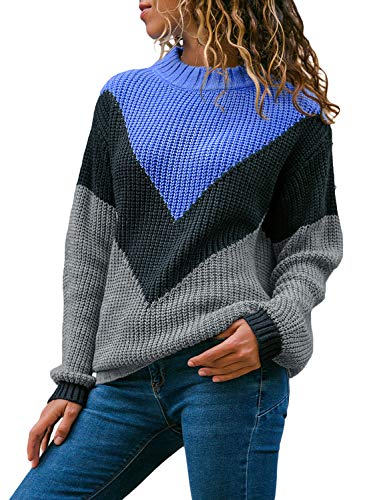 Acelitt Women Knit Sweater Pullover Jumper Contrast Color Block Long Sleeve Round Neck Large