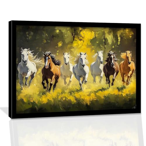 Image of HOTHOUSE Seven Running Vastu Lucky Horse Painting | 7 Horses Vastu Frame Wall Art Painting for Living Room Bedroom Office Home Decor Wall Decor Size (13X17 inch)