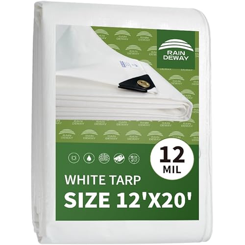 12 Mil Heavy Duty White Tarp 12x20 Feet, UV Resistant, Waterproof, Weatherproof Poly Tarp with Metal Grommets and Reinforced Edges