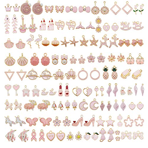 JJG Wholesales 80pcs(40PAIRS) Assorted Gold Plated PINK Theme Enamel Dainty Dangle Pendants Charms for Earrings Jewelry Making Necklace Bracelet Craft Findings