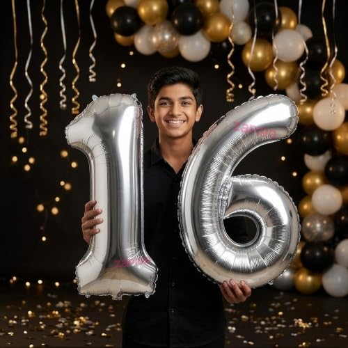 Image of Balloonistics Silver 40-Inch Foil Number 16 Balloon - Helium or Air Fill for 16th Birthday, Sweet 16, Anniversary Party Decoration, Photo Booth Backdrop, Cake Table Decor
