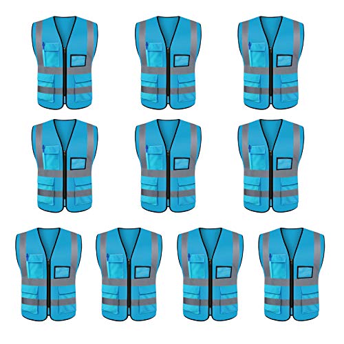 Artudatech Gilet Haute Visibilité, 10 Pièces Respirant Gilet Reflechissant Gilet de Securite Gilet de Securité Réfléchissant avec 5 Poches et Zippé, Lavable, sans Rides, XXL Bleu