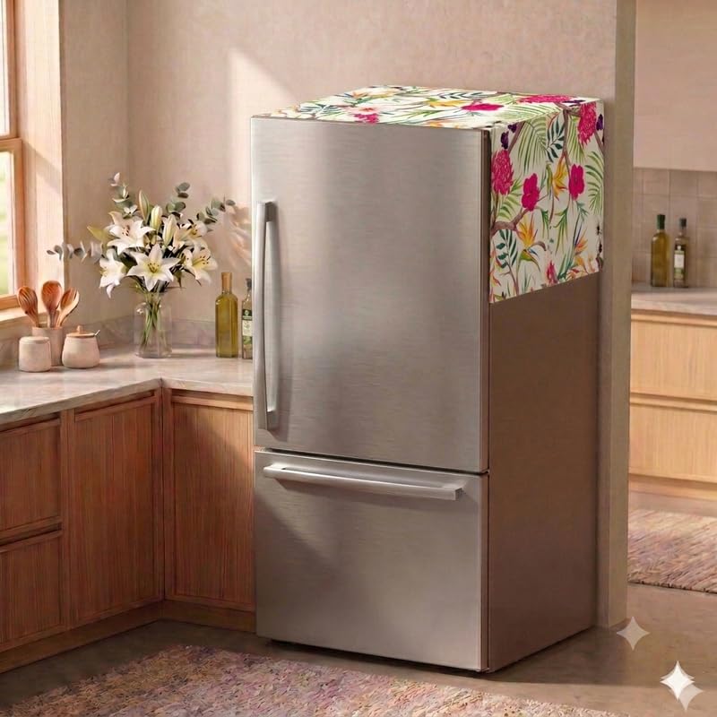 Image of Double Door Fridge Top Cover for 250-400L | Medium Size Refrigerator Cover | Washable Floral Print | Dustproof Fridge Mat for Double Door Models | Fridge Cover by THROWPILLOW.IN