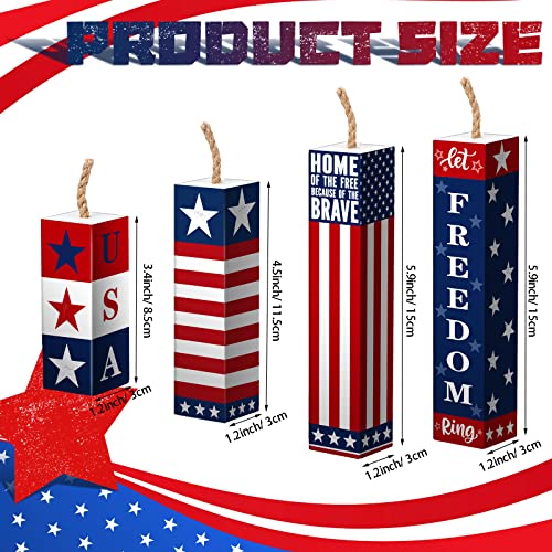 Wesiti 4 Pieces 4th of July Table Decorations Patriotic Fireworks Centerpiece Memorial Day Tiered Tray Decor American Firecracker Wood Signs for Farmhouse Independence Day Home Table Decor(Cute)