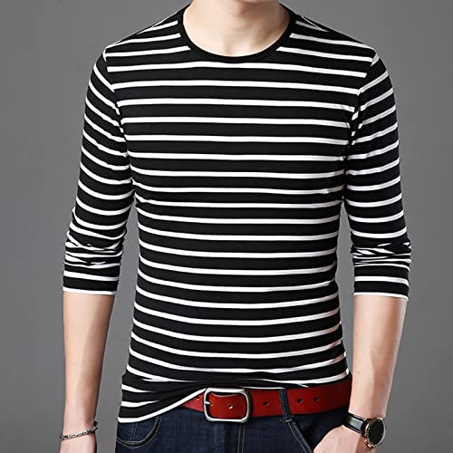 SHUIANGRAN Men's Striped T-Shirt Black and White Long Sleeve Casual Pullover Crew Neck Cotton Shirts 8828 Black US M4