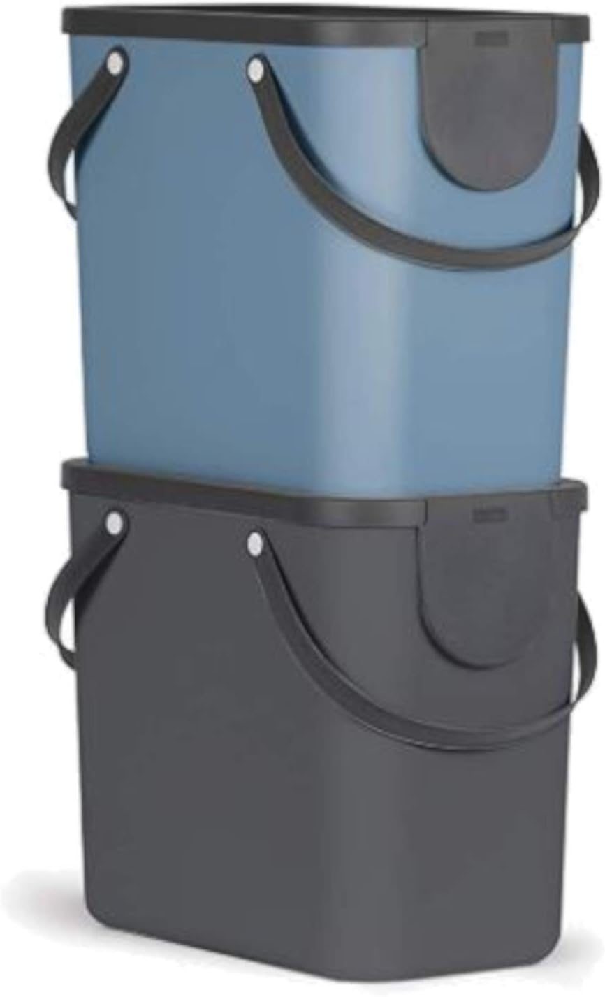 Rotho Albula recycle waste bin with lid 2 x 25 l, plastic (PP), multicoloured, blue/anthracite, 2 x 25 litres (2 x 40x23.5x34cm)