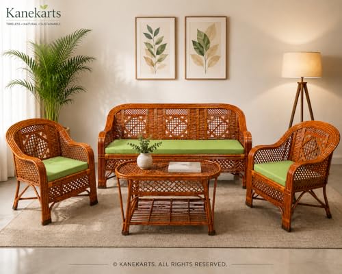 Image of Bamboo Chair Premium Cane Sofa Set with Table for Home, Office, Living Room, Balcony, Garden, Indoor & Outdoor | Brown, 34 cm, 24 cm, 25 cm
