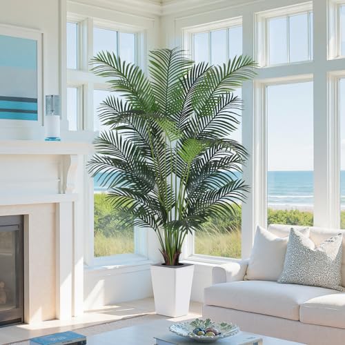 Artificial Palm Tree with White Tall Planter, 7ft Tall Potted Artificial Silk Palm Tree Plant, Fake...