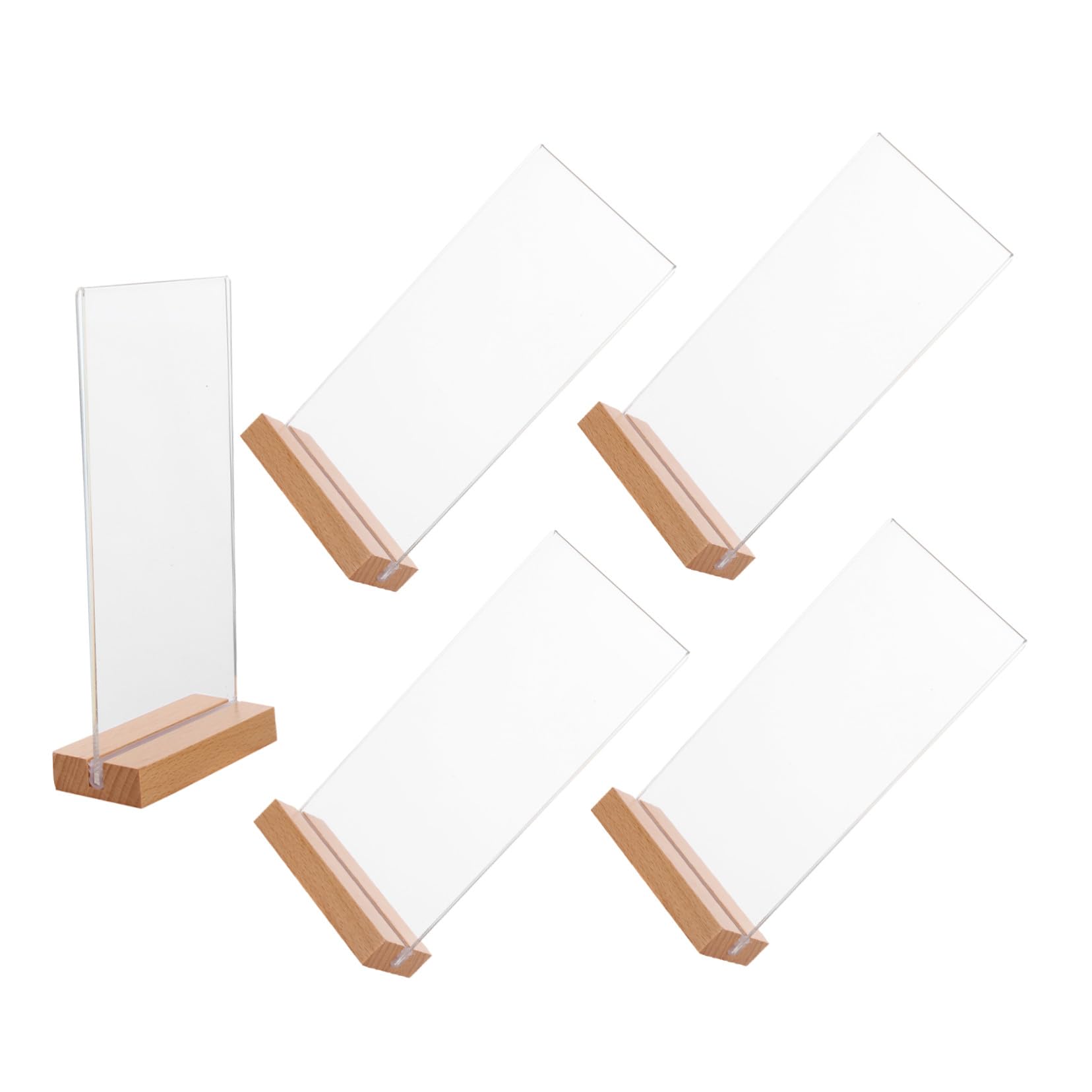 TOYANDONA 5 Piezas Soporte de Menú Acrílico Transparente con Base de Madera T Soporte de Mesa Vertical para Etiquetas y Folletos Expositor Resistente para Restaurante Oficina y Tienda