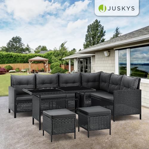 Juskys Polyrattan Lounge Manacor mit Ecksofa, Esstisch, 2 Hocker & Kissen - wetterfest bis 7 Personen - Bezüge waschbar - Rattan Garten Sitzgruppe Gartenlounge Gartenmöbel Set - Schwarz/Grau