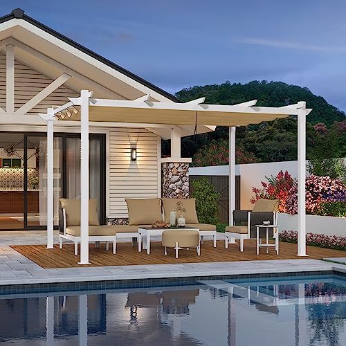 PURPLE LEAF 3 X 3.65 M Metal Pergola with Retractable Roof, Large Garden Pergola with Teak-finish powder-coated Aluminum Fram for BBQ, Outdoor, Garden and Patio, Beige