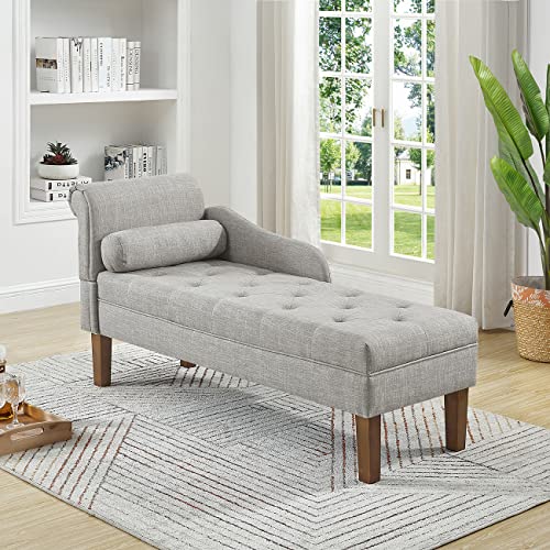 24KF Modern Upholstered Tufted Chaise Lounge Chair, Comfortable Fashional Living Room Chaise Chairs Linen fabrric in Light Grey