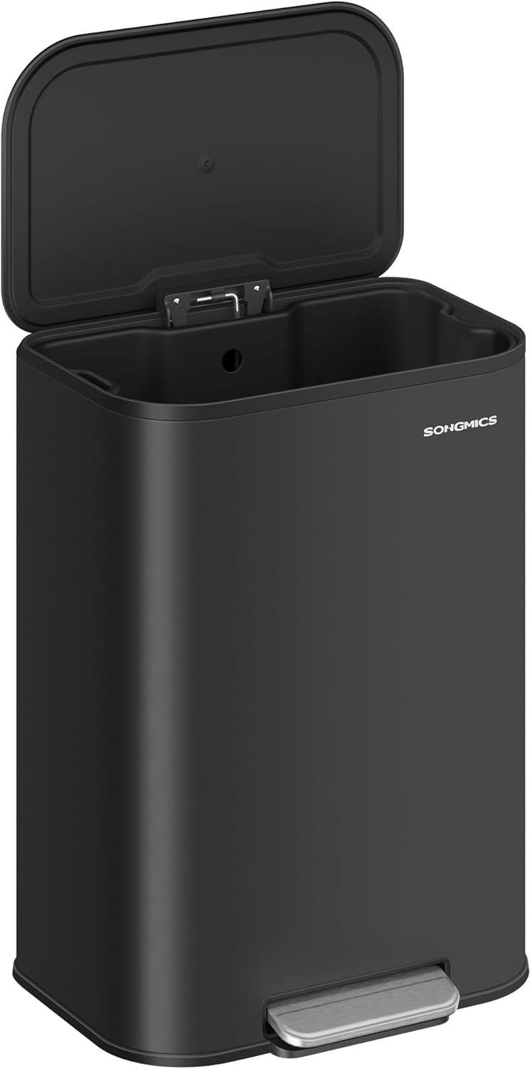 SONGMICS Kitchen Trash Can, 13-Gallon (50 L) Garbage Can with Lid, Stainless Steel, Soft Close and Stays Open, Inner Bucket, Wide Non-Slip Pedal, Ink Black ULTB547B01