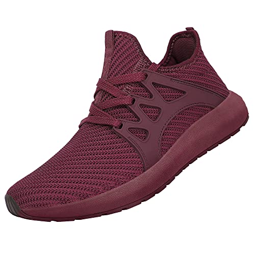 NYZNIA Mens Non Slip Running Shoes Slip On Walking Shoes Breathable Lightweight Fashion Gym Sneakers Red Wine Size 9.5