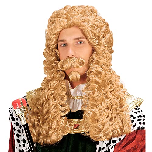 W WIDMANN MILANO Party Fashion - Peruca King Le Roi, bigode, botão, cabelo sintético, peruca cabelo comprido, cabelo encaracolado