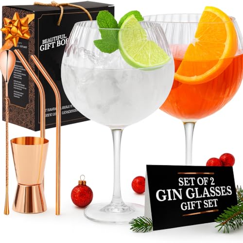 Vemacity Ribbed Gin Glasses Set of 2 | Crystal Gin Glass Gifts for Women | Rose Gold Spoon, Measure, Pourer, 2 Metal Straws | Aperol Spritz Gift Set & Cocktail Glasses | Ideal for Christmas