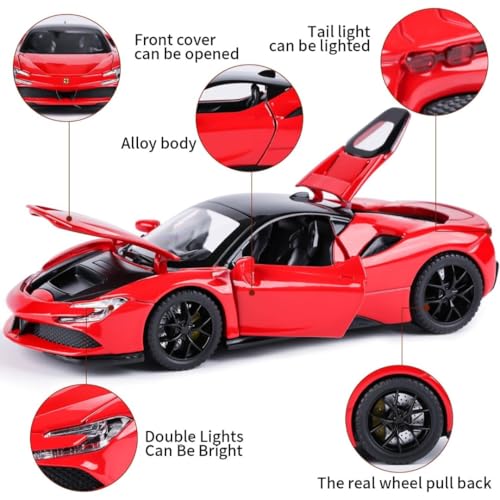 Image of PLUSPOINT Diecast Red Ferari SF90 STRADALE Hardtop Toy Car Scale Model Pull Back Vehicles with Doors openable Alloy Simulation Supercar with Lights and Sound Also for Car Dashboard Kids Adult