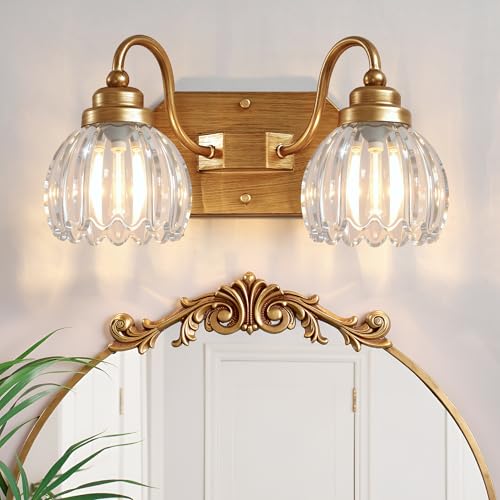 Image of Vintage Gold Bathroom Light Fixtures,2 Light Tulip Crystal | Brushed Gold Vanity Lights,Matte Antique Brass Finish, Mid Century Style,Wall Sconces for Bedroom, Hallway, Easy To Install