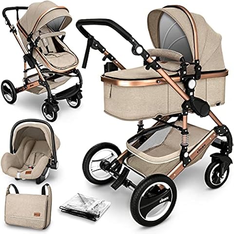 KIDUKU® 3 in 1 Kinderwagen Komplettset | Kombikinderwagen Set inkl. Babywanne Buggy Auto-Babyschale Fußsack Cover