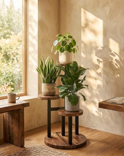 Bamworld Support Plante d'Angle 3 Niveaux en Métal Bois - Étagère Fleurs pour Intérieur Salon...