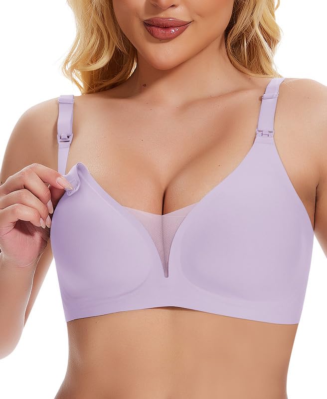 Jiuday Damen Still BH ohne Bügel Große Brüste Bequemer Schwangerschafts- & Still-BHS Gepolstert Spitze Seamless Nursing Bra Nahtloser Push Up Stillbh (Violett,2XL)