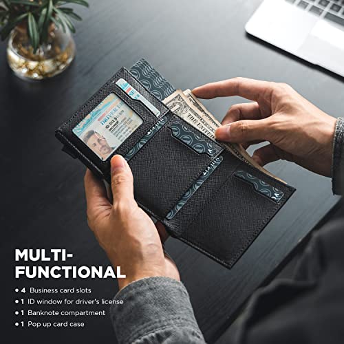 Image of VULKIT Pop up Card Wallet Minimalist Cash Wallets RFID Blocking Leather Smart Credit Card Holder with ID window for Men, Cross-Black, Standard, Minimalist