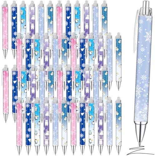 Yeaqee 48 bolígrafos de copo de nieve con temática de invierno, bolígrafo retráctil de tinta negra, bolígrafos retráctiles de invierno para fiesta de cumpleaños de invierno, premios de recompensa para
