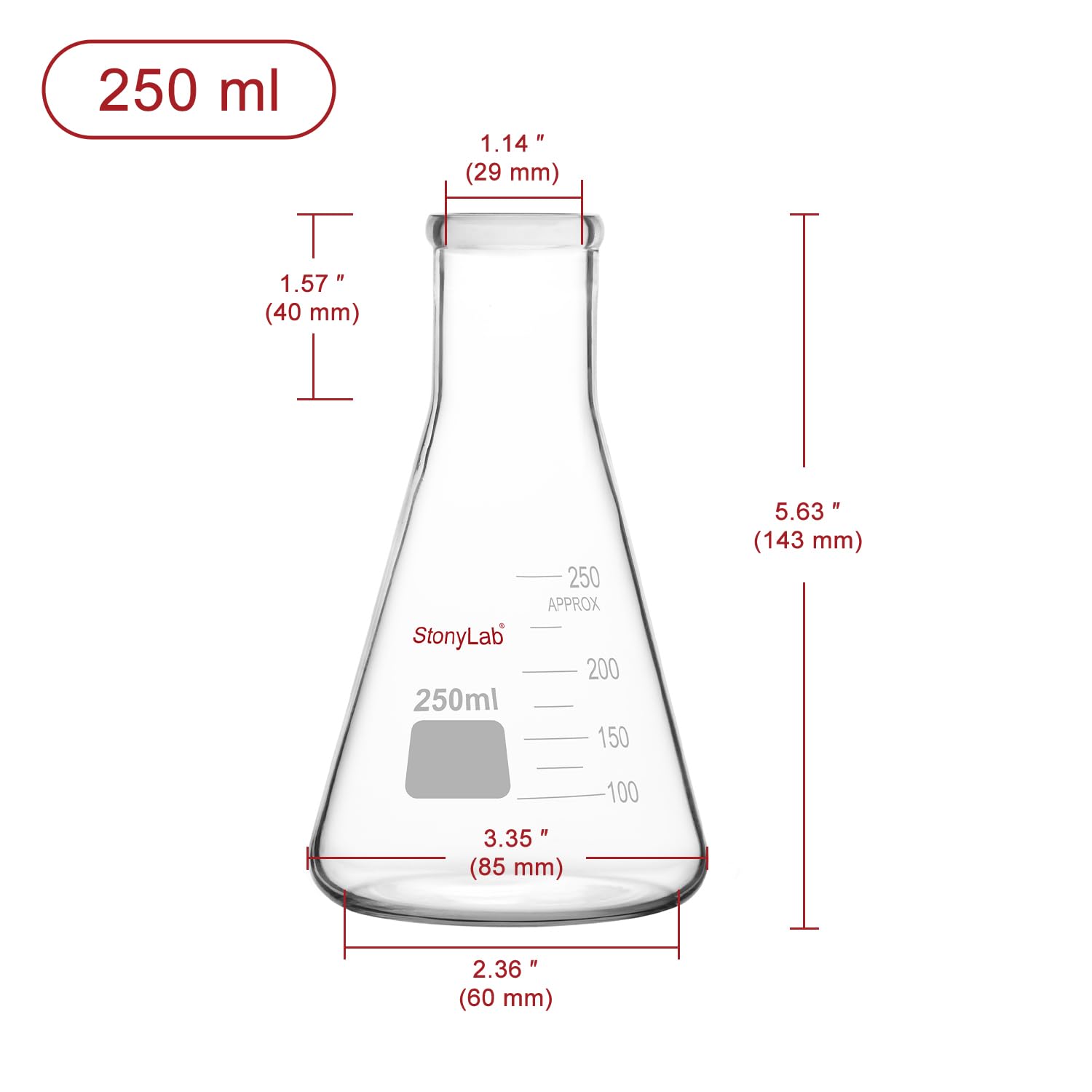 stonylab Fioles Erlenmeyer, Lot de 2 Fioles Erlenmeyer en Verre Borosilicaté à Col Étroit de 250 ml à Paroi Épaisse, Matériel de Laboratoire