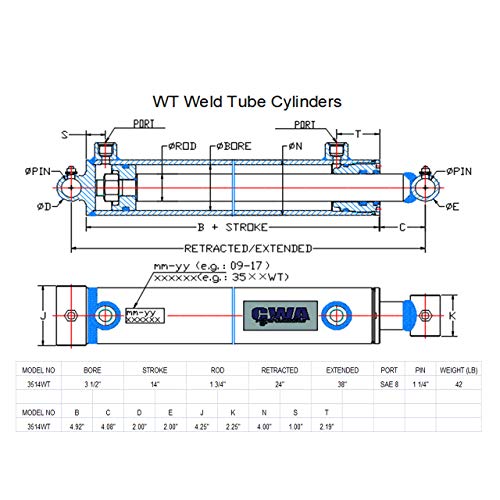 Image of WT Weld Cross Tube Hydraulic Cylinder 3 1 /2 inch Bore x 14 inch Stroke x 1 3 /4 inch Rod x SAE 8 Port x 3000 PSI