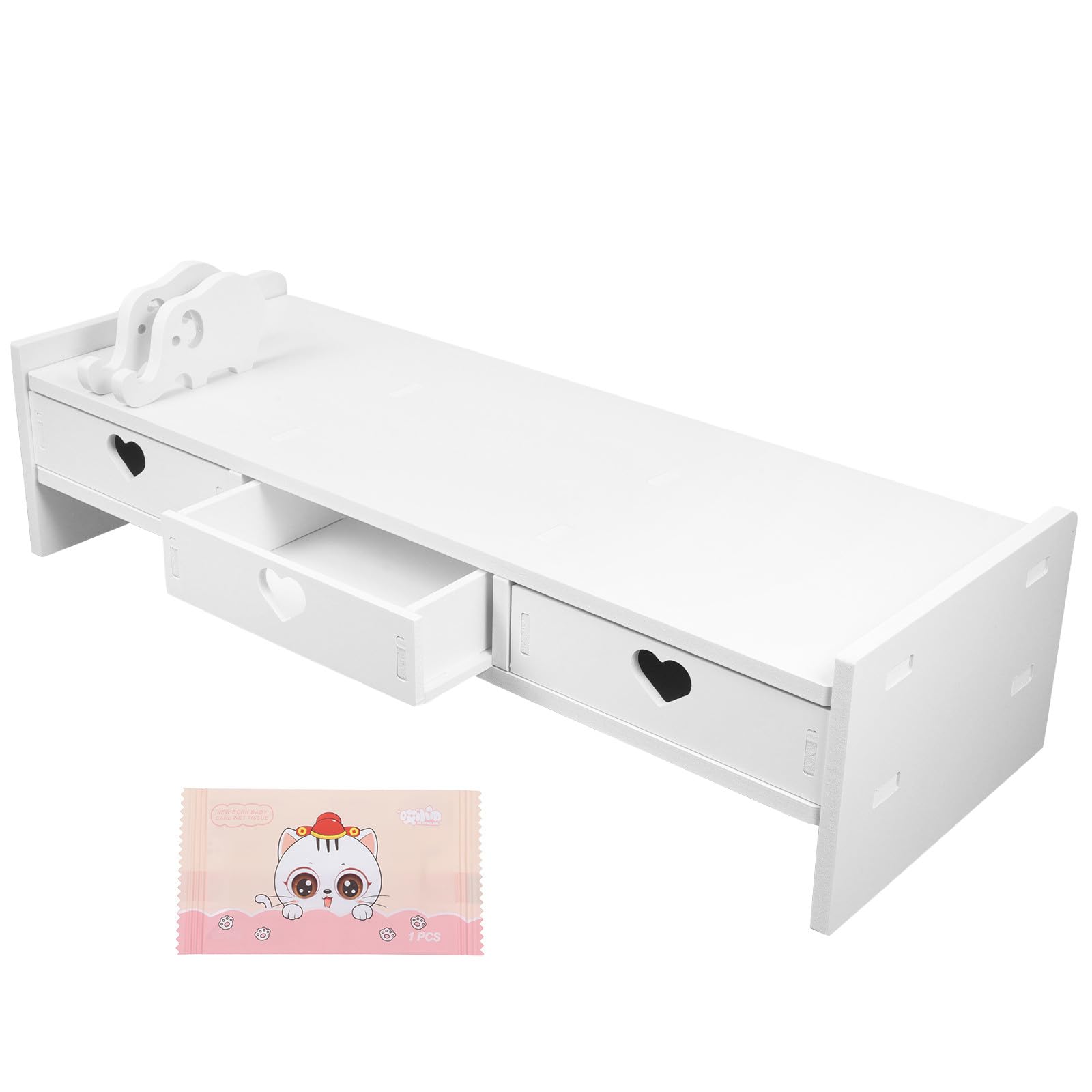 Supporto per Monitor Base Ergonomica e Cassetti da Scrivania, Rialzo in PVC e Legno-Plastica Bianco, Organizer Integrato per Computer, Adatto a Uffici e Smart Working