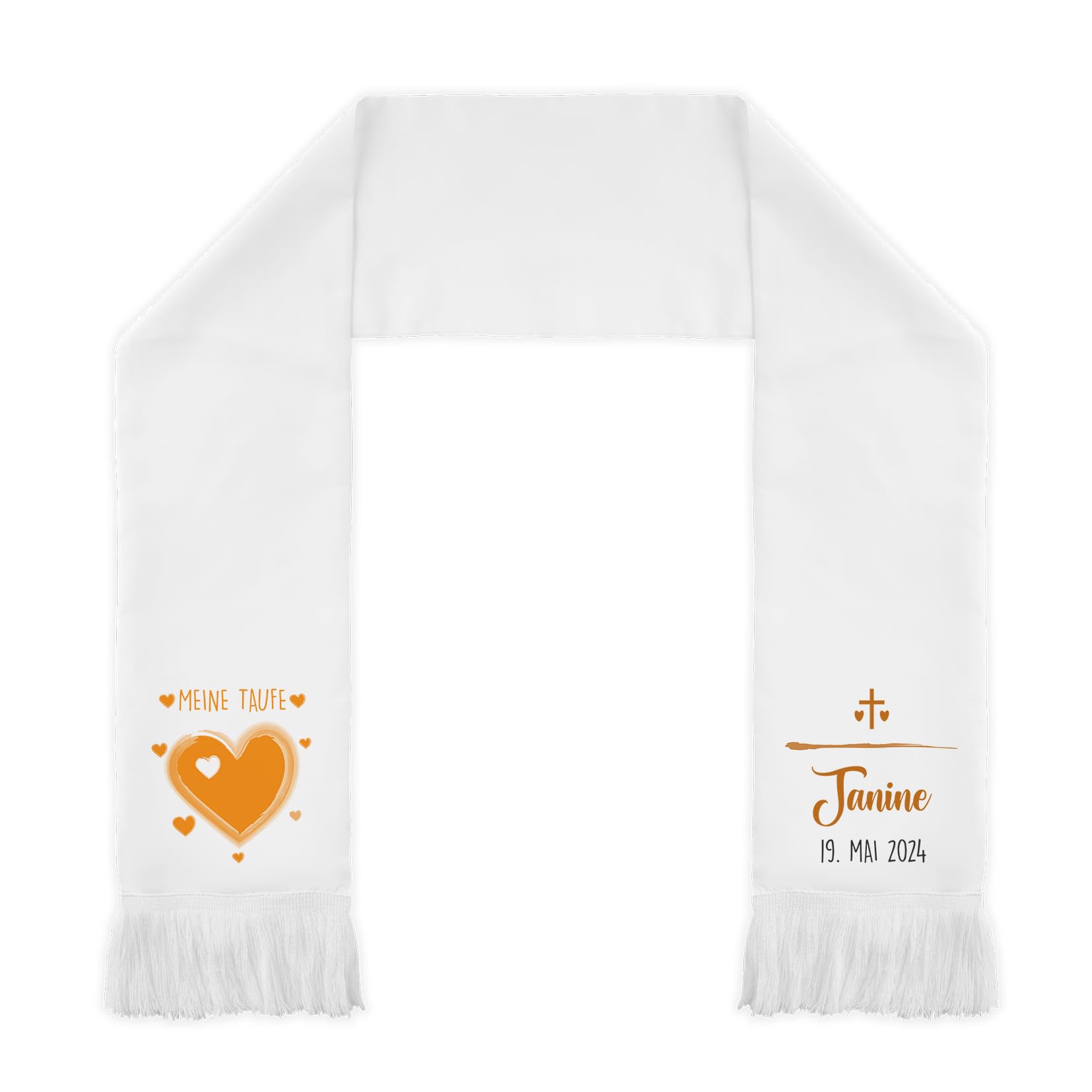 LIEBTASTISCH Taufschal personalisierbar in vielen Farben & Motiven - 116cm Taufaufleger lang für Jungen & Mädchen - Taufe Schal mit Namen, Tauf-Aufleger, Taufüberwurf (Herz, Orange)