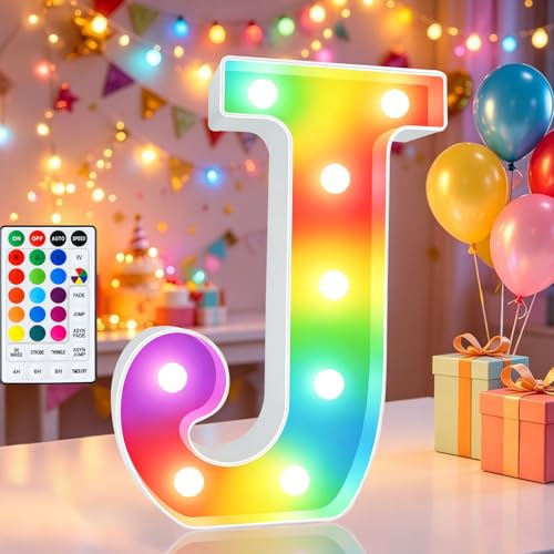 Image of LED Marquee Letter Lights, 18 Colors Changing Light Up Letters with Remote, RGB Alphabet Letters Sign for Girls Boys Gift Birthday Party Night Light Bedroom Wedding Christmas Decor-Colorful J