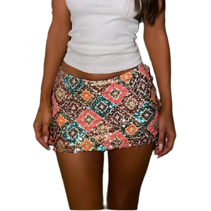 FEORJGP Womens Sparkly Sequins Mini Skirts Low Rise Shiny Glitter Short Skirts Clubwear Party Bodycon Skirt Summer Streetwear