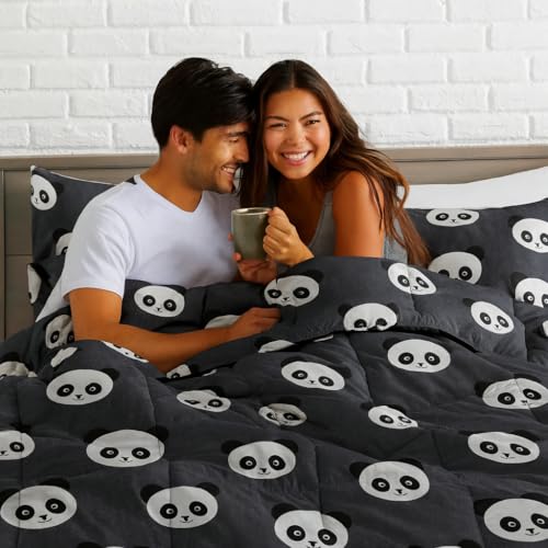Image of 200 GSM 400 TC Kids Glace Cotton Reversible Cartoon Printed Double Bed King Size Comforter with Matching Bedsheet 90 * 100 with 2 Pillow Covers Set of 4 Pieces (Panda)
