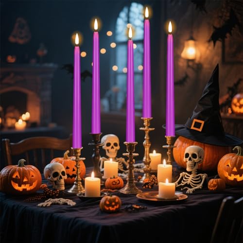 Image of Wondise Halloween Flameless Taper Candles with Remote & Timer, 4 Pack Purple Battery Operated LED Candles with 3D Wick Flickering for Halloween Decorations Gift
