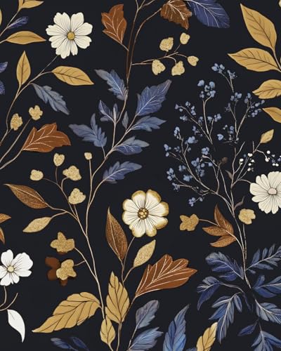 BOKEBEVE Extra Long Blue Black Gold Peel and Stick Wallpaper Vintage Floral Contact Paper Leaves Wall Paper for Countertop Room Wall Renter Friendly Removable 17.5 x 393.5In