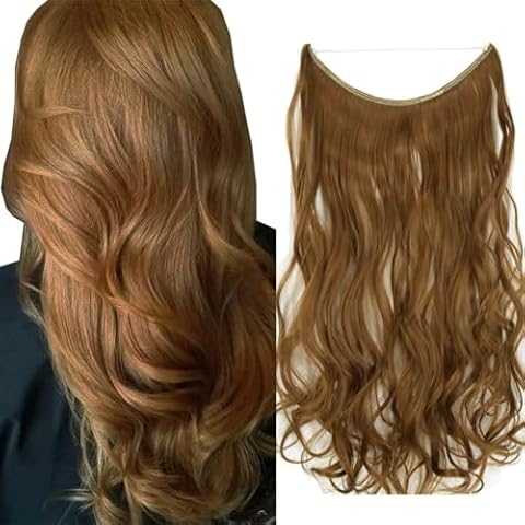 iLUU 18" Curly Hair Extensions Honey Brown Hair Color #27A Invisible Wire Hair Extensions One Piece Headband Heat Resistent Synthetic Fiber Invisible Wire Hair Extensions for Party Gift 80G/Set Cover