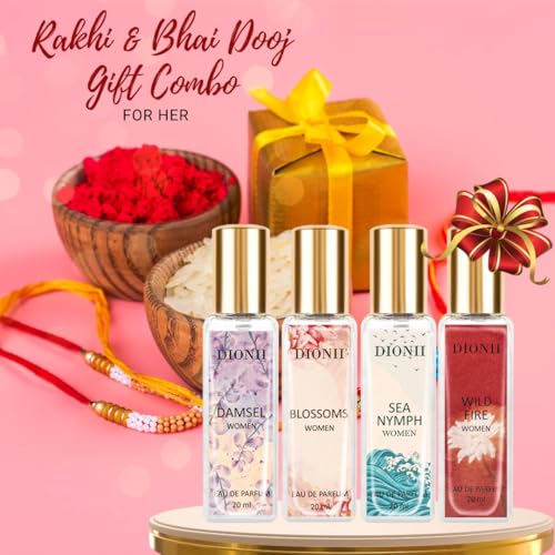 Image of Dionii Eau De Parfum Rakhi Gift Set for Women | DAMSEL, SEA NYMPH, BLOSSOMS, WILDFIRE Perfume | Long Lasting Fragrance (4 x 20ml Each)