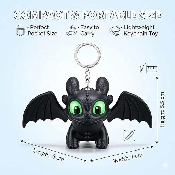 Image of Mysterious Glowing Toothless Dragon Keychain for Keys or Backpack, Collector Night Fury Chibi Figure with Green LED Eyes, Moving Wings, Matte Vinyl and Textured Scales