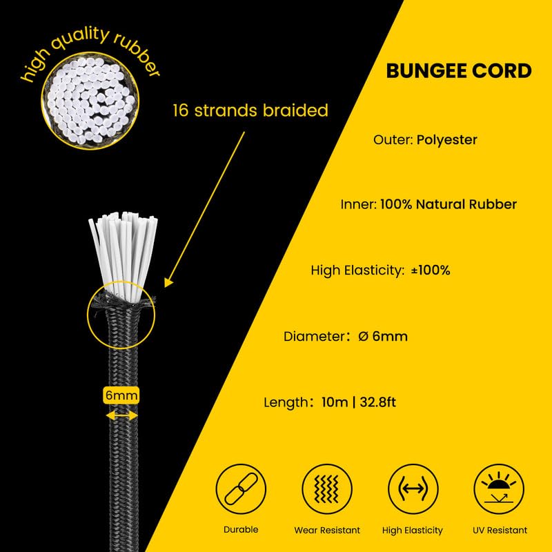 Brotree Bungee Cord Elastic Shock Cord 6mm x 10m Bungee Rope Heavy Duty for Trailer Tarpaulin, Tent Pole, Kayak and Backpack - Black - Image 3
