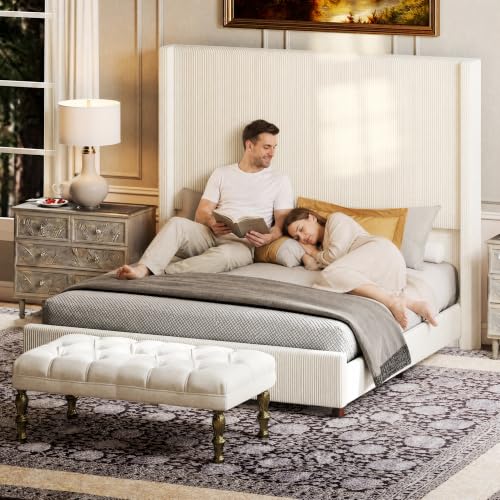 Ihanherry Queen Size 65" Tall Headboard Bed Frame with Charging Station, Upholstered Wingback Headboard with Washable Corduroy Cover, Noise Free, Solid Wood Slats & Legs, No Box Spring Needed, Beige - image 2
