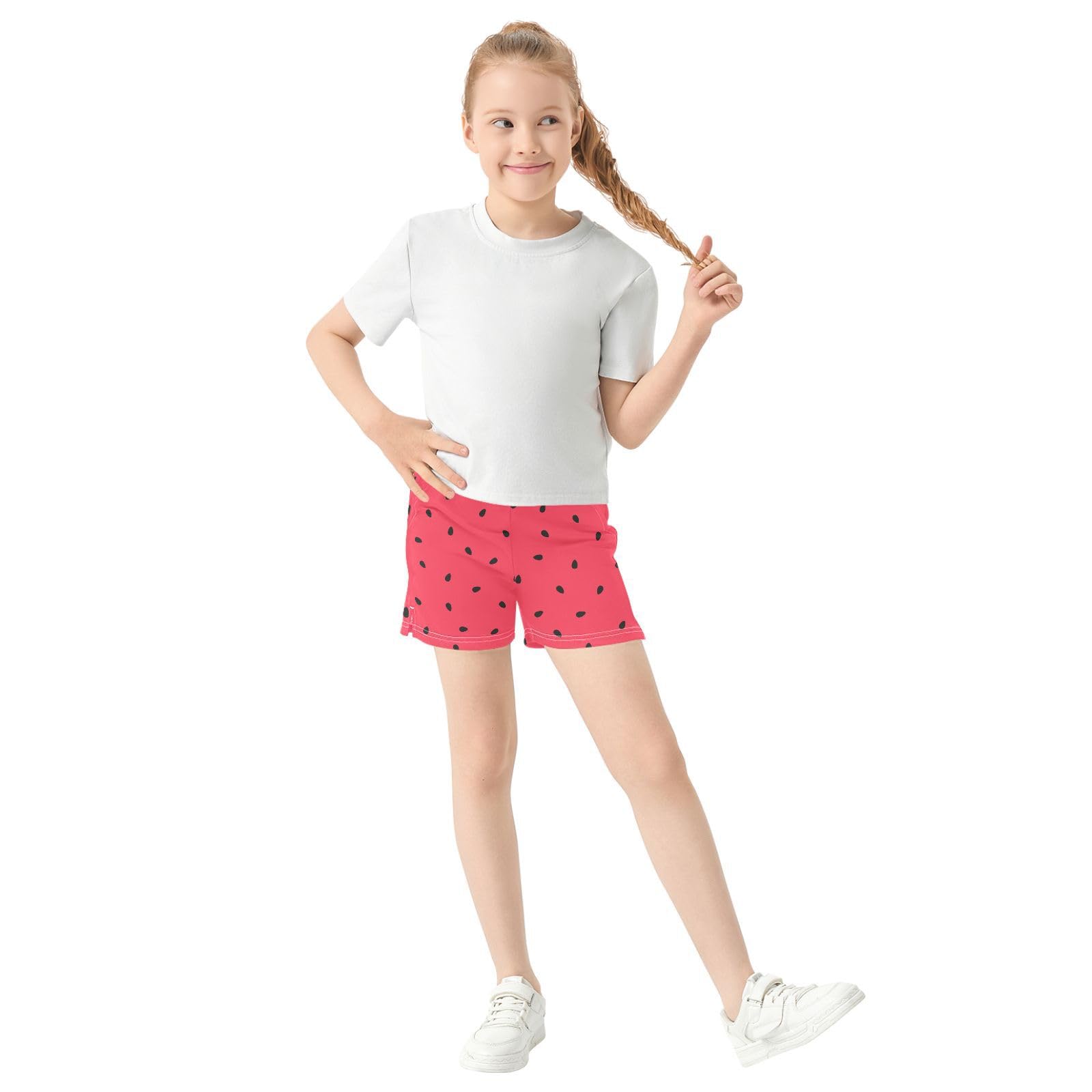 pnyoin Girl's Shorts Red Watermelon Athletic Running Shorts with Pockets Size 10-11t