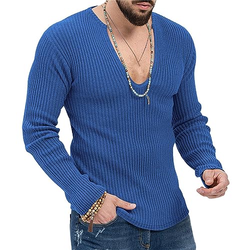 Men's Sexy Deep V Neck Knitted Sweater Slim Fit Lightweight Vintage Pullover Casual Long Sleeve Knitwear Tops4