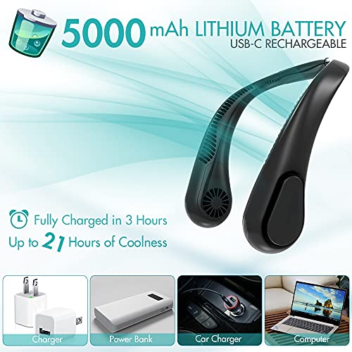 Bladeless Neck Fan, 5000mAh Rechargeable Battery Powered, 4 Speeds, Natural Wind Mode, Angle Adjustable, Hand-free Neck Fan for Both Outdoor & Indoor Use, UL Certified, Black Bladeless Neck Fan, 5000mAh Rechargeable Battery Powered, 4 Speeds, Natural Wind Mode, Angle Adjustable, Hand-free Neck Fan for Both Outdoor & Indoor Use, UL Certified, Black