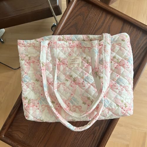Image of Floral Quilted Cotton Shoulder Bag for Women Medium Size Handbag Large Capacity Thickened Design Tote