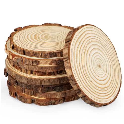 Unfinished Natural Wood Slices for Crafts - 10 Pcs Natural Round Discs Rustic Wood Slices 4.7-5.5 Inch Wooden Tree Bark Discs for DIY Centerpieces Table Base Decoration Wedding Ornaments Coasters